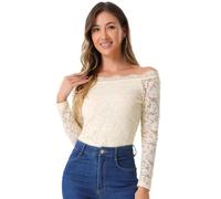 Allegra K Damen Off Shoulder Spitzenbluse Langarm Schulterfrei Oberteil Blumen Transparent Carmenbluse Elegant Top Trachtenbluse Beige XS