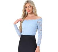 Allegra K Damen Off Shoulder Spitzenbluse Langarm Schulterfrei Oberteil Blumen Transparent Carmenbluse Elegant Top Trachtenbluse Hellblau L