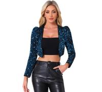 Allegra K Damen Pailletten Jacke Langarm Party Club Offen Glitzer Cardigan Kurzjacke Glitzer Bolero Schwarz Blau M