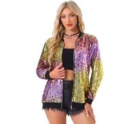 Allegra K Damen Paillettenjacken Glänzende Langärmelig Party-Reißverschluss Blazer Bomberjacke Rosa Gelb XS