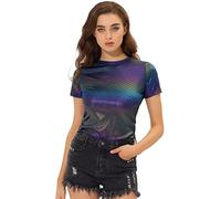 Allegra K Damen Party Metallic Strukturiertes Kurzarm Glänzendes Multicolor TopDunkelblau X-Large