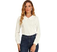 Allegra K Damen Peter Pan Kragen mit Häkelverzierung Schlüsselloch Rücken Knopf Dekor Chiffon Bluse Top, Weiß, Klein