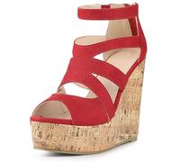 Allegra K Damen-Plateau-Peep-Toe-Sandale mit Riemchen und Reißverschluss hinten und Keilabsatz Rot 39