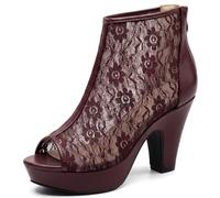 Allegra K Damen Plateau Spitze Peep Toe Stiefeletten Zurück Reißverschluss Chunky Heel Boots, Burgunder, 10