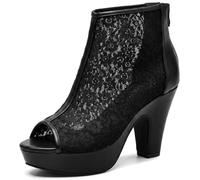 Allegra K Damen Plateau Spitze Peep Toe Stiefeletten Zurück Reißverschluss Chunky Heel Boots, Schwarz, 10