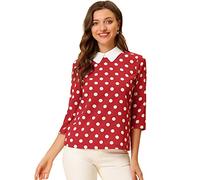 Allegra K Damen Polka Dot Top Casual Bubikragen Bluse 3/4 Ärmel Tops Frühling Sommer Kleidung, rot / weiß, X-Klein