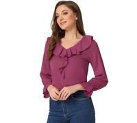 Allegra K Damen Rüschenbluse für Business Arbeit Elegant V-Ausschnitt Langarm Casual Dressy Top, Fuchsia, X-Groß