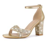 Allegra K Damen-Sandalen mit Bling-Glitzer-Knöchelriemen und hohem Blockabsatz Gold 42