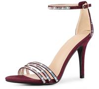 Allegra K Damen-Sandalen mit runder Zehenpartie und Strasssteinen, Knöchelriemen, Stiletto-Absatz Burgund 38