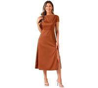 Allegra K Damen Satinkleid Wasserfallausschnitt Flügelärmel Rückenfrei Twist Schlitz Midi-Cocktailkleid Braun L