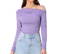 Allegra K Damen Schulterfrei Bluse Langarm Elegant Top Lässig Off Shoulder Oberteil Lila XL