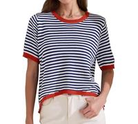 Allegra K Damen Shirt Sommer Gestreiftes Strick Oberteil Runhals Kurzarm Trendy Loose Fit Elegant Pullover T-Shirt Dunkelblau XXL