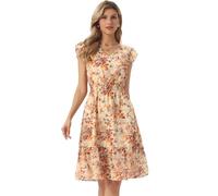 Allegra K Damen-Sommerkleid mit Blumenmuster, Flatterärmel, V-Ausschnitt, Rüschen, lässig, Strand, Urlaub, gesmoktes Kleid, Orange / Braun, Mittel