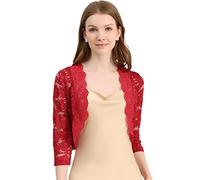 Allegra K Damen Spitzen Festlich Bolero 3/4 Ärmel Hochzeit Strickjacke Vorne Offen Crop Cardigan Shrug Tiefrot XS