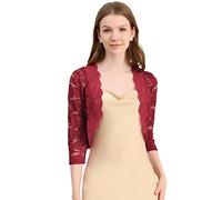 Allegra K Damen Spitzen Festlich Bolero 3/4 Ärmel Hochzeit Strickjacke Vorne Offen Crop Cardigan Shrug Dunkelrot M