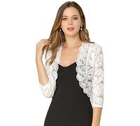 Allegra K Damen Spitzen Festlich Bolero 3/4 Ärmel Hochzeit Strickjacke Vorne Offen Crop Cardigan Shrug Weiß XL