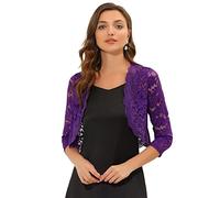 Allegra K Damen Spitzen Festlich Bolero 3/4 Ärmel Hochzeit Strickjacke Vorne Offen Crop Cardigan Shrug Violett XS