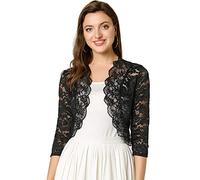 Allegra K Damen Spitzen Festlich Bolero 3/4 Ärmel Hochzeit Strickjacke Vorne Offen Crop Cardigan Shrug Schwarz 3XL