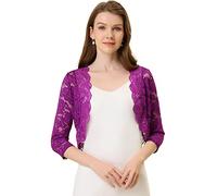 Allegra K Damen Spitzen Festlich Bolero 3/4 Ärmel Hochzeit Strickjacke Vorne Offen Crop Cardigan Shrug Rosa Lila M