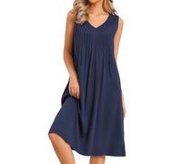 Allegra K Damen Swing Sommerkleid Freizeit Ärmelloses V-Ausschnitt Plissiertes Kleid Tanktop Midikleid Navy Blau M