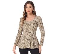 Allegra K Damen-Top mit Tierdruck, langärmelig, Rüschensaum, U-Ausschnitt, lässiges Schößchen-Top, Mittel