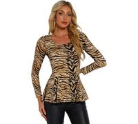 Allegra K Damen-Top mit Tierdruck, langärmelig, Rüschensaum, U-Ausschnitt, lässiges Schößchen-Top, Mittel