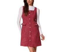 Allegra K Damen Tweed-Kleid Ärmellos Quadratischer Knopfleiste A-Linie Trägerkleid Dunkelrot M