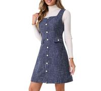 Allegra K Damen Tweed-Kleid Ärmellos Quadratischer Knopfleiste A-Linie Trägerkleid Navy blau S