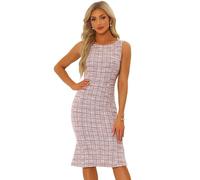 Allegra K Damen Tweed Kleid Ärmellose Elegante Karierte Bodycon Sommer Midi Kleider Rosa L