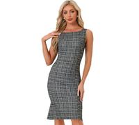 Allegra K Damen Tweed Kleid Ärmellose Elegante Karierte Bodycon Sommer Midi Kleider Schwarz M