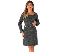 Allegra K Damen Tweed-Kleid Quadratischer Ausschnitt Lange Ärmel Elegantes Cocktailkleid Mit Karomuster Schwarz XS