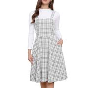 Allegra K Damen Tweedkleid Ärmellos Quadratischer Kariert A-Linie Latzkleid Beige XL