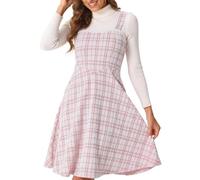Allegra K Damen Tweedkleid Ärmellos Quadratischer Kariert A-Linie Latzkleid Rosa XL