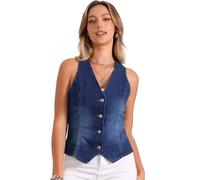 Allegra K Damen V-Ausschnitt Ärmellos Jeansweste Knopfleiste Elegant Denim Weste Jacke Dunkelblau S