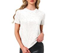 Allegra K Damen Weihnachten Samt Top Rundhals Kurzarm Casual T-Shirt, Weiss/opulenter Garten, Klein