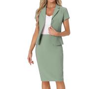 Allegra K Damenanzüge 2-tlg Rock Set Business Professionelle Outfits Kurzarm Blazer Bleistiftrock Anzug, Seegrün, Klein
