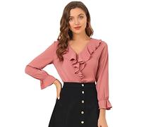 Allegra K Damenbluse aus Chiffon mit Rüschen, V-Ausschnitt und Dreiviertelärmeln im Vintage-StilDunkelpink XL