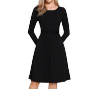 Allegra K Geripptes Strickkleid für Damen, Langarm, Rundhalsausschnitt, hohe Taille, A-Linie, Freizeitkleider Schwarz XL