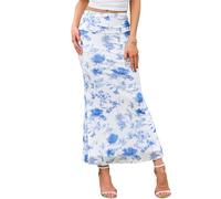 Allegra K Sommerlicher Maxirock für Damen Hochtailliert mit Blumenmuster aus Mesh Boho-Stil Figurbetont Meerjungfrauenschnitt Weiß Blau XL
