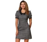 Allegra K Tweedkleid für Damen, Bubikragen, Puffärmel, A-Linien-Minikleid Schwarz M