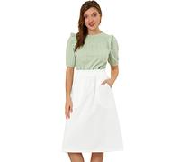 Allegra K Women's Peasant Vintage Elastic Waist Cotton Skirt A-Line Midi Scrub Skirts with Pockets Medium White