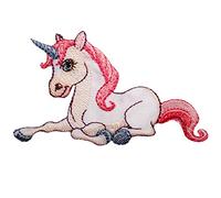 alles-meine.de GmbH 1 Stück Bügelbild - Einhorn - liegt - 8 cm * 4,8 cm - Aufnäher/Applikation/Aufbügler - gewebter Flicken - Bügelflicken/Hosenflicken - Bügelsticker - K..