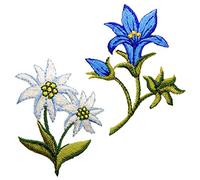 alles-meine.de GmbH 2 Stück Bügelbilder - Alpen - Edelweiß + Enzian - Blume - 5,9 cm * 4,7 cm - Aufnäher/Applikationen/Aufbügler - gewebte Flicken - Bügelflicken/Hosenfli..