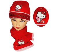 alles-meine.de GmbH 2 TLG. Set: Mütze + Schal - Hello Kitty - für Kinder - 2 bis 8 Jahre - Mädchen - Schalset/Winterset - Strickmütze - Beanie - Katze - rot mit Herzen - St..