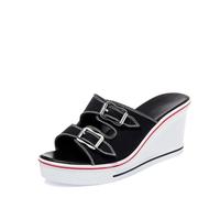 ALLINNINE Damen-Sneaker-Schuhe mit hohem Absatz, modische Canvas-Schuhe, hoher Schlauch, Schnürung, Keilkante, Reißverschluss, schräg abgewinkelt, Größe 37-45, D-Schnalle, Schwarz, 34 EU