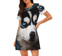 ALLiYa Blue Eyed Husky Damen Nachthemd Kurzarm Sommer Familie Casual Essentials Kleid Heimkleidung, Schwarz , 3XL