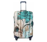 Alliya Elastische Reisegepäckabdeckung, Koffer-Schutz, Blaugrün mit Blume auf Holzplanke, passend für 45,7 - 81,3 cm Gepäck, Schwarz , XL