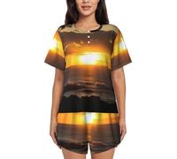 Alliya Sunset Hawaii Beach Damen-Pyjama, kurzärmelig, Rundhalsausschnitt, Sommer-Shorts, Heimkleidung, Pyjama, Schwarz , XL Short
