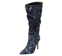 Alloaone Damen kniehohe Stiefel aus Denim, spitzer Zehenbereich, hoher Stiletto-Absatz mit Nieten und gestapelten Details, Schwarz, Absatz: 11 cm², 40.5 EU