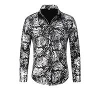 Allthemen Herren Jacquard Hemd Langarm Satin Freizeithemd Paisley Herrenhemd für Party Hochzeit Silber L